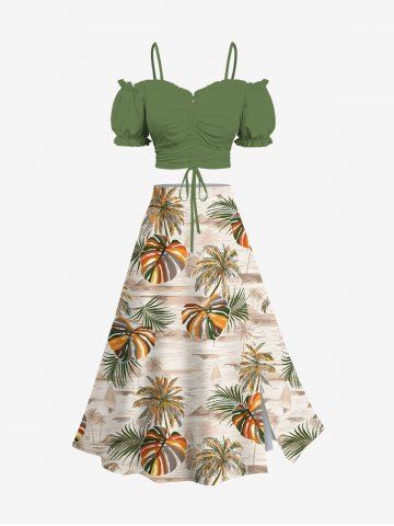 Cinched Solid Top and Coconut Tree Tropical Leaf Sea Print Hawaii Split A Line Skirt Plus Size Matching Set - GREEN