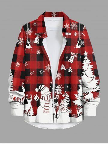 Plus Size Christmas Tree Snowman Snowflake Elk Plaid Print Buttons Pocket Shirt For Men - RED - 7XL