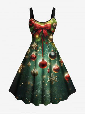 Plus Size Christmas Snowflake Ball Bowknot Holly Print Ombre A Line Dress - DEEP GREEN - M