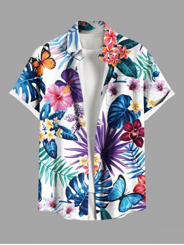 Plus Size Tropical Leaf Hibiscus Flower Branch Print Hawaii Button Pocket Shirt For Men - WHITE - 5XL