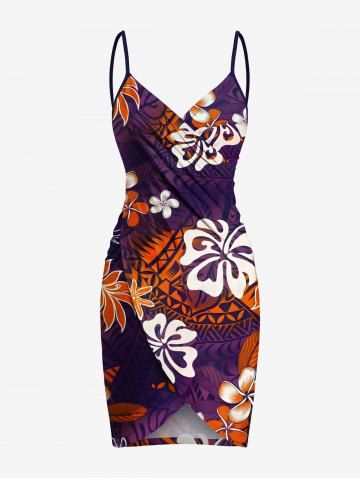 Plus Size Hibiscus Flower Ethnic Print Hawaii Ombre Convertible Beach Cover Up - PURPLE - M