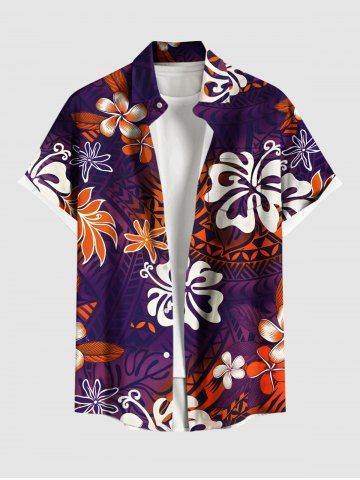 Plus Size Hibiscus Flower Ethnic Print Hawaii Ombre Button Pocket Shirt For Men - PURPLE - M