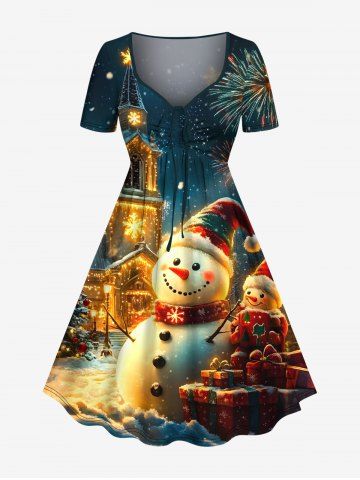 Plus Size Glitter Christmas Snowflake Castle Snowman Gift Fireworks Print Cinched A Line Dress - DEEP GREEN - 1X