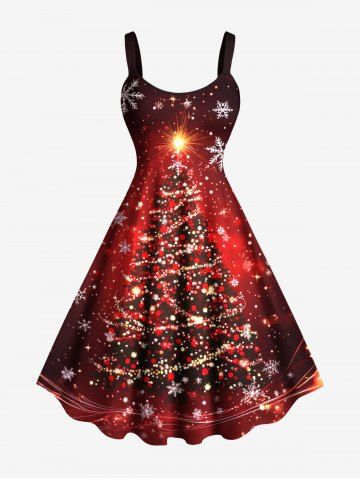 Plus Size Glitter Christmas Tree Snowflake Print Ombre A Line Dress - RED - L