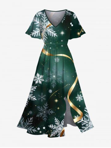 Plus Size Christmas Snowflake Ribbon Ombre Galaxy Print Split Pocket A Line Midi Dress - PLANT GREEN - 2X