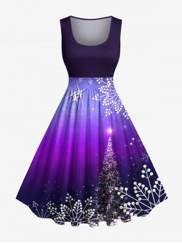 Plus Size Christmas Tree Snowflake Ombre Galaxy Print Vintage Swing A Line Dress - PURPLE - 4X