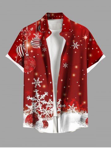 Plus Size Glitter Christmas Snowflake Ball Print Button Pocket Shirt For Men - RED - S