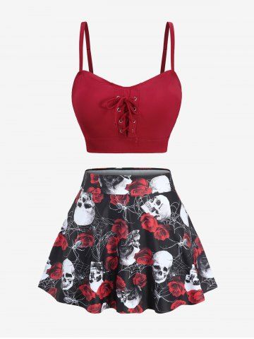 Maillot de bain tankini trois pièces grande taille à imprimé tête de mort, rose, toile d'araignée et lacets (bretelles réglables) - RED - 2X | US 18-20