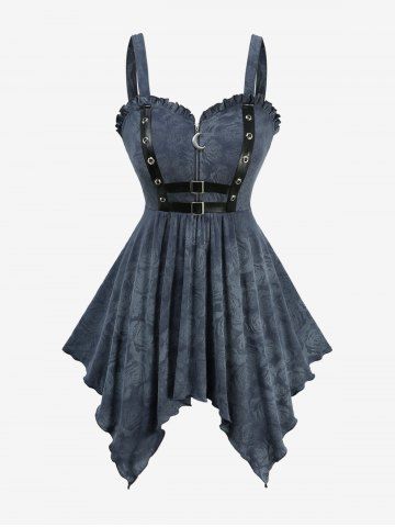 Haut grande taille à imprimé floral rose ombré, fermeture éclair et boucle, en PU. - POWDER BLUE - 5X | US 30-32