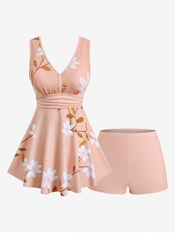 Maillot de bain tankini grande taille à imprimé fleurs, feuilles et branches, coupe shorty - LIGHT ORANGE - M | US 10