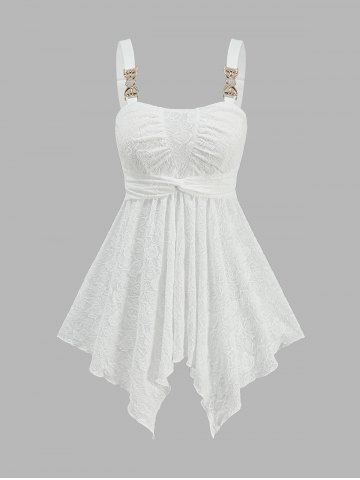 Rose Jacquard Ruched Twist Asymmetrical Buckles Tank Top - WHITE - M