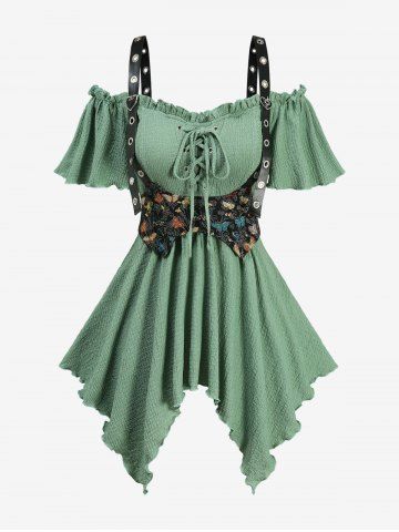 Plus Size Butterfly Print Lace Up Grommets Ruffles Asymmetrical Cold Shoulder T-shirt - LIGHT GREEN - 3X | US 22-24