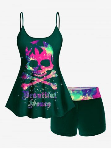 Plus Size Skull Glitter Print Boyshorts Tankini Swimsuit (Adjustable Shoulder Strap) - DEEP GREEN - L