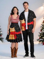 Christmas Snowflake Cat Scarf Striped Print Plus Size Matching Outfit For Couples -  