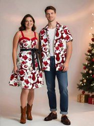 Christmas Plaid Elk Flowers Snowflake Print Plus Size Matching Outfit For Couples -  