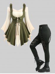 Off The Shoulder Flare Sleeves Top With Lace Up Vest and Skull Hollow Out Fishnet Leggings Plus Size Outfit -  