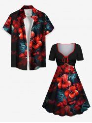 Hibiscus Flowers Tropical Leaf Print Plus Size Matching Hawaii Beach Outfit For Couples -  