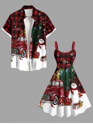 Christmas Tree Snowman Snowflake Car Gift Box Plaid Print Plus Size Matching Outfit For Couples -  
