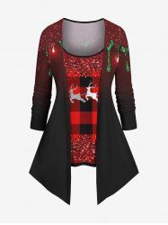 Plus Size Christmas Elk Plaid Sparkling Sequin 3D Print 2 In 1 Long Sleeves T-shirt -  