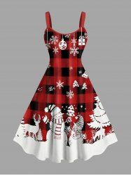 Robe débardeur à carreaux grande taille avec sapin de Noël, bonhomme de neige, flocons de neige et élan - Rouge 2X