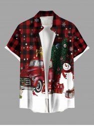 Plus Size Christmas Tree Snowman Snowflake Car Gift Box Plaid Print Buttons Pocket Shirt For Men -  