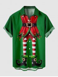 Plus Size Christmas Elf Print Buttons Pocket Shirt For Men -  
