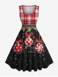 Plus Size Christmas Ball Holly Fruit Snowflake Plaid Print 1950s Vintage Dress -  