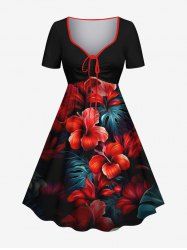 Plus Size Hibiscus Flowers Tropical Leaf Print Cinched Hawaii Dress -  