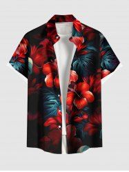Chemise hawaïenne grande taille pour homme, à imprimé feuilles tropicales et fleurs d'hibiscus, boutons et poche. - Noir M