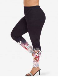 Plus Size Christmas Tree Elk Snowflake Flowers Print Leggings -  
