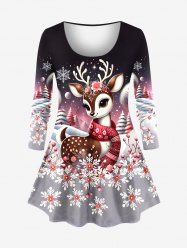 Plus Size Christmas Tree Elk Snowflake Flowers Print Long Sleeves T-shirt -  