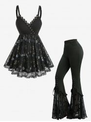 Floral Lace Sequins Overlay Surplice Ribbed Top and Skull Stars Flocking Lace-up Pocket Flare Pants Outfit -  
