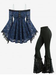 Flower Lace Overlay Hook and Eye Top and Skull Stars Flocking Lace-up Pockets Flare Pants Outfit -  