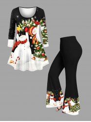 Ensemble grande taille composé d'un t-shirt à manches longues et d'un pantalon évasé pour femme, imprimé sapin de Noël, boules, flocons de neige et bonhommes de neige. - Noir 