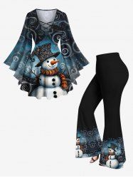Christmas Snowman Spiral Ombre Print Long Sleeves Lattice T-shirt and Flare Pants Plus Size Matching Set -  