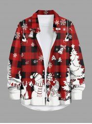 Plus Size Christmas Tree Snowman Snowflake Elk Plaid Print Buttons Pocket Shirt For Men -  