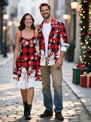 Christmas Tree Snowman Snowflake Elk Plaid Print Plus Size Matching Outfit For Couples -  