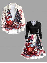 Christmas Tree Snowflake Snowman Cup Ribbon Music Symbol Print Plus Size Matching Outfit For Couples -  