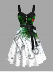 Robe trapèze grande taille à boutons, imprimée de boules de Noël, pommes de pin et symboles musicaux, avec ceinture amovible - Blanc 2X