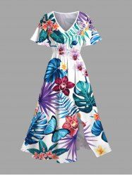 Plus Size Tropical Leaf Hibiscus Flower Branch Print Hawaii Split Pocket A Line Midi Dress -  