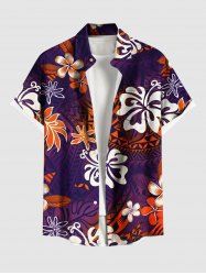 Chemise à poches boutonnées grande taille pour homme, imprimé ethnique à fleurs d'hibiscus, dégradé hawaïen - Pourpre  L