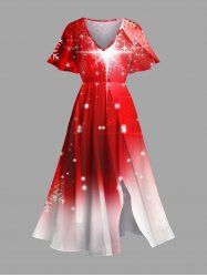 Robe midi trapèze grande taille à imprimé ombré flocons de neige et étoiles pailletées, poches fendues, motif flocons de neige et étoiles pailletées, poches avant. - Rouge 2X