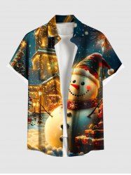 Plus Size Glitter Christmas Snowflake Castle Snowman Print Button Pocket Shirt For Men -  