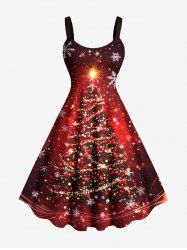 Robe trapèze grande taille à paillettes, imprimé sapin de Noël et flocons de neige, dégradé ombré - Rouge 6X