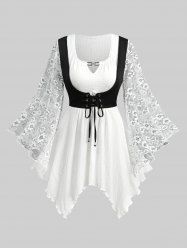 Corset à lacets texturé à manches évasées en dentelle florale grande taille, top mouchoir 2 en 1 - Blanc 2X | US 18-20