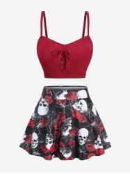Plus Size Skull Rose Flower Spider Web Print Lace Up Three Piece Tankini Swimsuit (Adjustable Shoulder Strap) -  