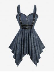 Plus Size Ombre Rose Flower Print PU Strap Buckle Zipper Handkerchief Top -  