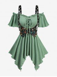 Plus Size Butterfly Print Lace Up Grommets Ruffles Asymmetrical Cold Shoulder T-shirt - Vert clair 4X | US 26-28