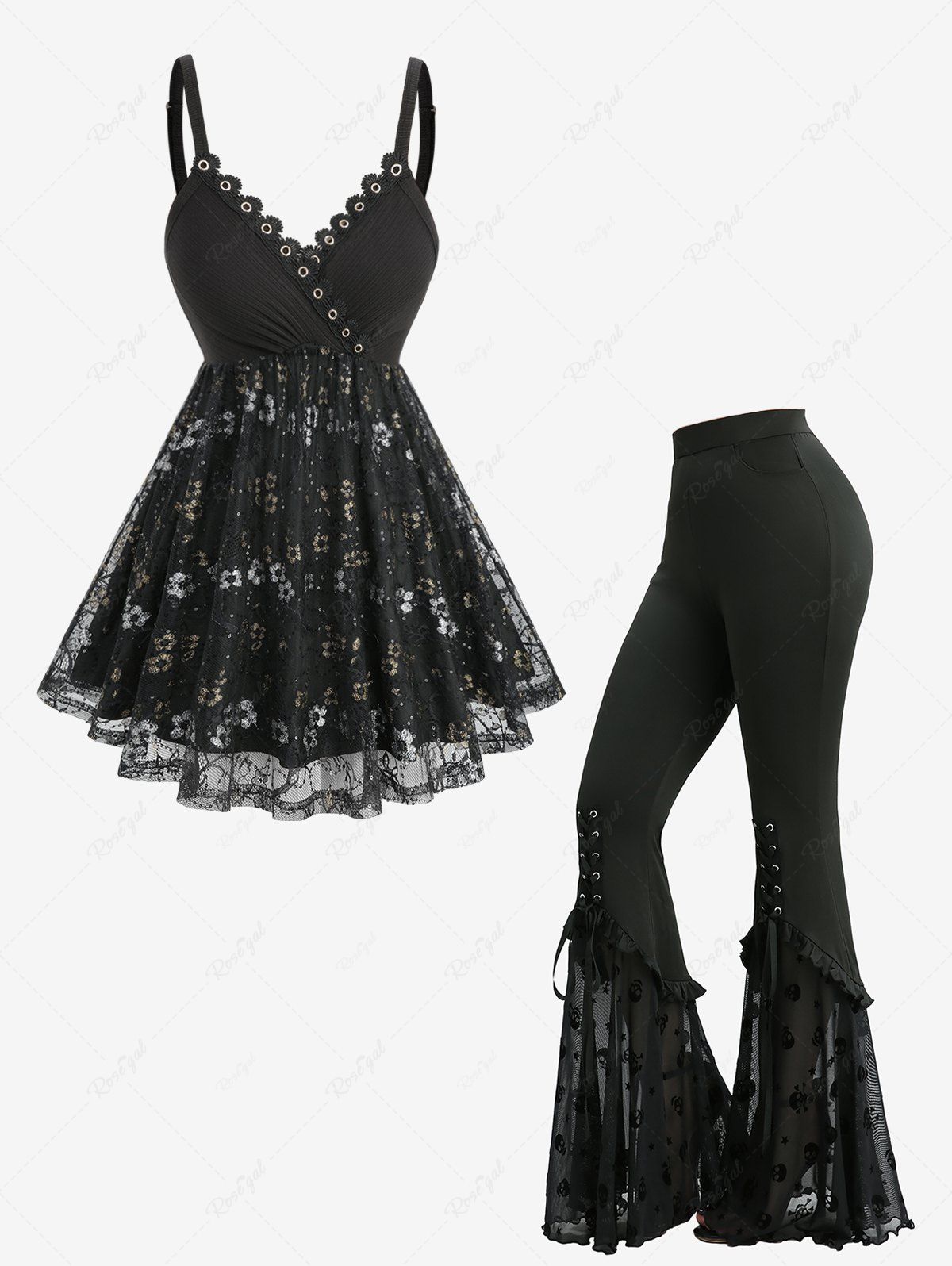 Chic Floral Lace Sequins Overlay Surplice Ribbed Top and Skull Stars Flocking Lace-up Pocket Flare Pants Outfit  
