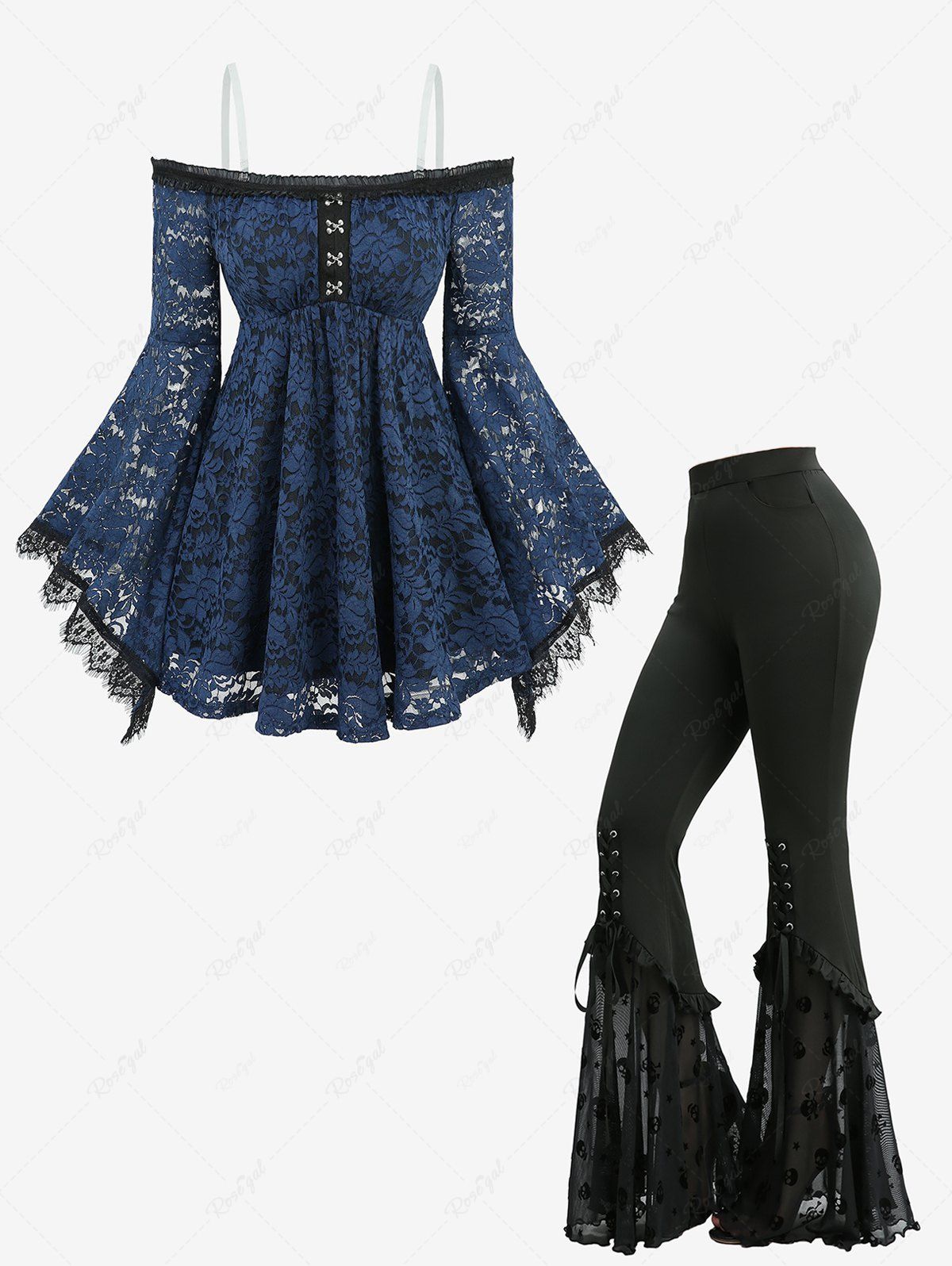Latest Flower Lace Overlay Hook and Eye Top and Skull Stars Flocking Lace-up Pockets Flare Pants Outfit  